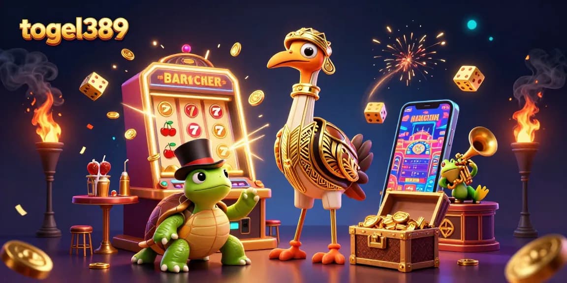 Experience excitement at togel389 with vibrant characters and casino elements in a dazzling scene.