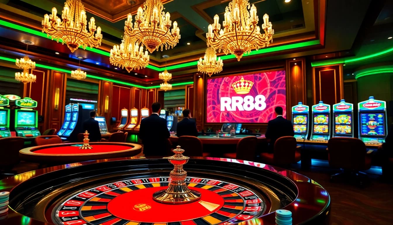 Experience thrilling gameplay at https://rr88c.mobi/ with poker chips and a roulette table in a luxurious casino setting.