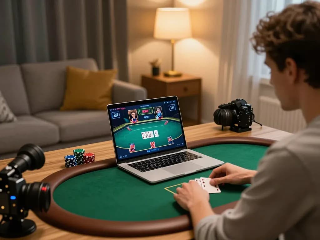 sunwin player engaged in online poker game on laptop in a stylish home office