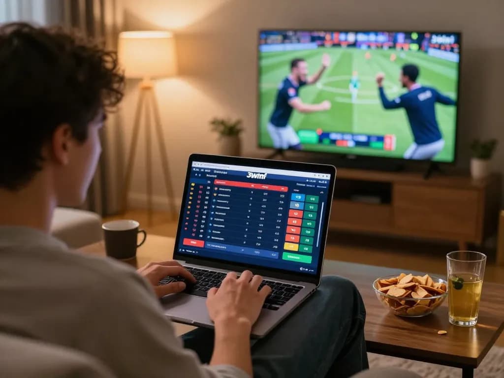 Engaged bettor reviewing odds on 33winf during an online sports betting session, showcasing excitement.