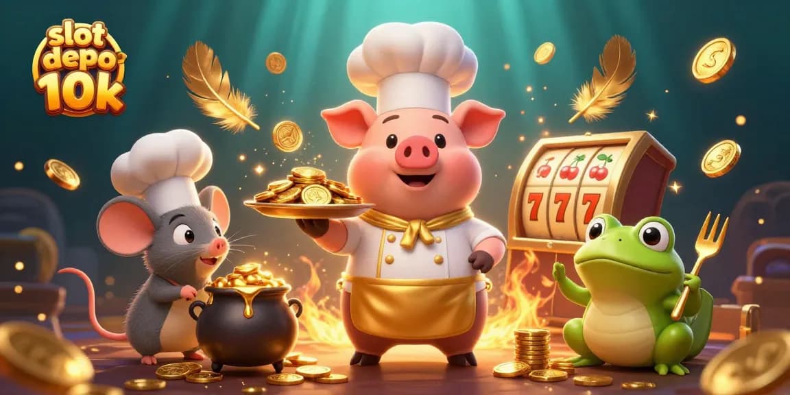 Slot depo 10k scene with chef pig serving gold coins, lucky symbols, and vibrant casino elements.