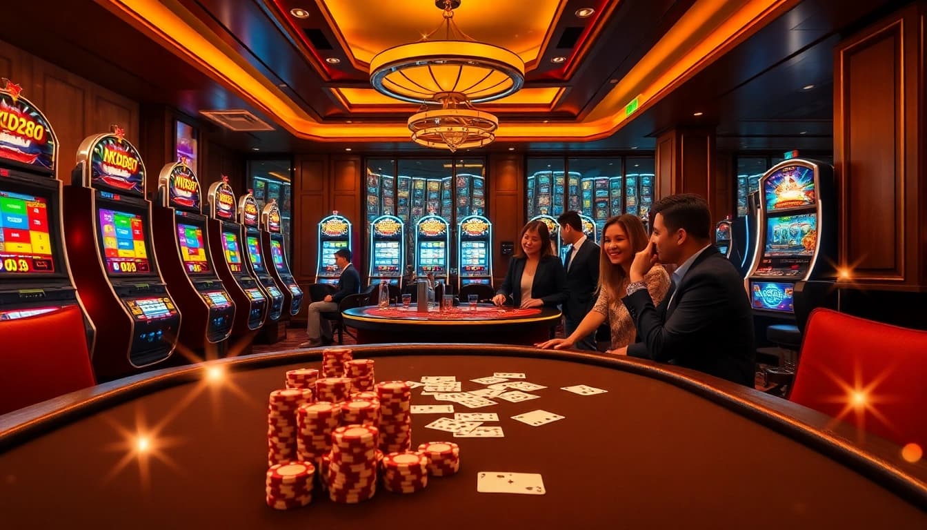 NK88 casino scene showcasing players engaged in thrilling gambling activities with vibrant tables and slot machines.