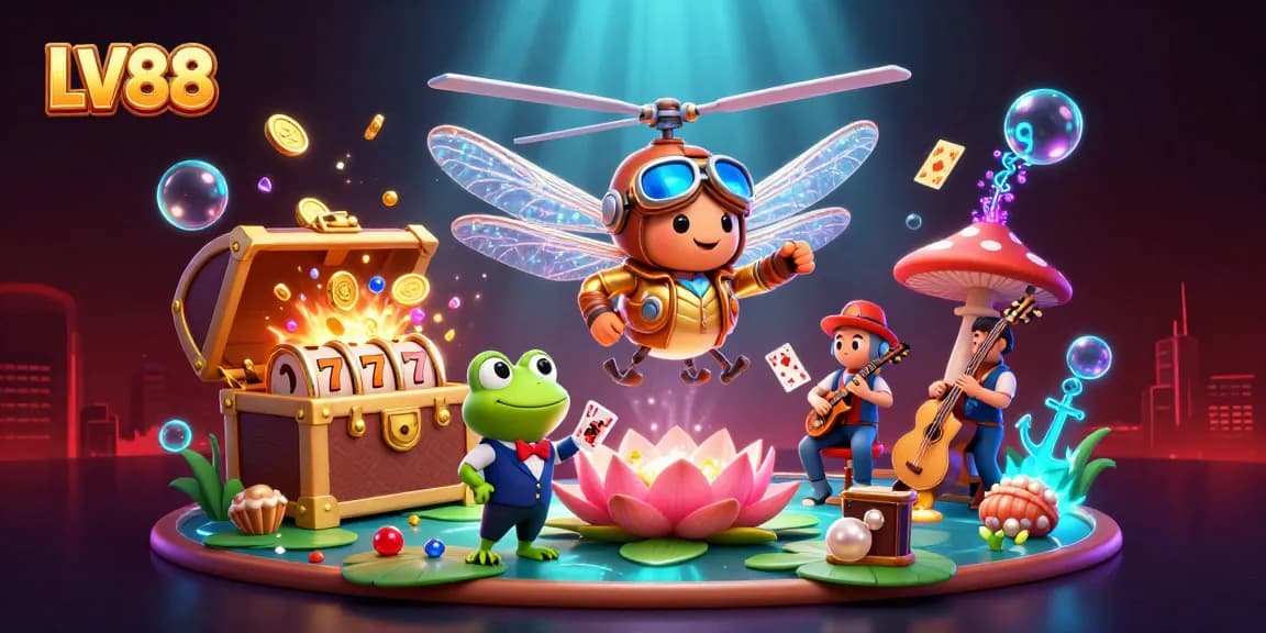 Experience thrilling gameplay at LV88 with a dragonfly pilot and frog croupier in a vibrant casino scene.