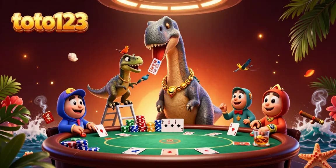 Engage with toto123 at a vibrant poker scene, showcasing a brontosaurus dealer and raptor card handler.