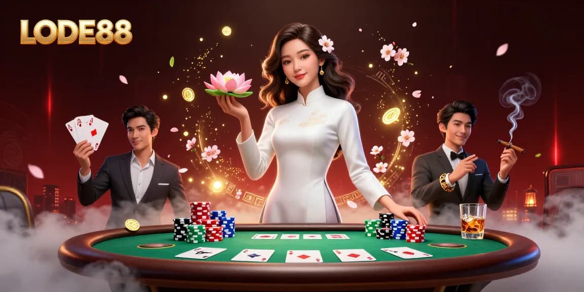 Engage in thrilling gameplay at LODE88 featuring an elegant woman in ao dai, surrounded by vibrant poker elements.