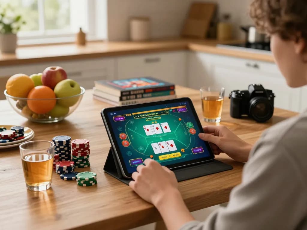 Player enjoying online poker on Rik vip, tablet showing vibrant game interface with poker chips.