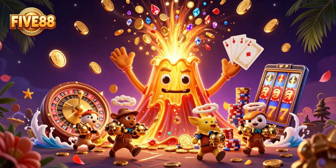 Experience the thrill of winning at FIVE88 with a vibrant 3D casino illustration showcasing treasure and excitement.