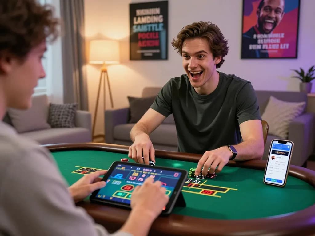 Engaging in online blackjack at home with SC88 app on tablet, showcasing excitement and strategy