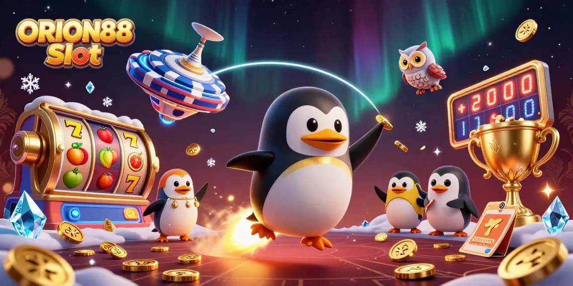 Experience the thrill of ORION88 Slot with captivating animations of a golden penguin in space.