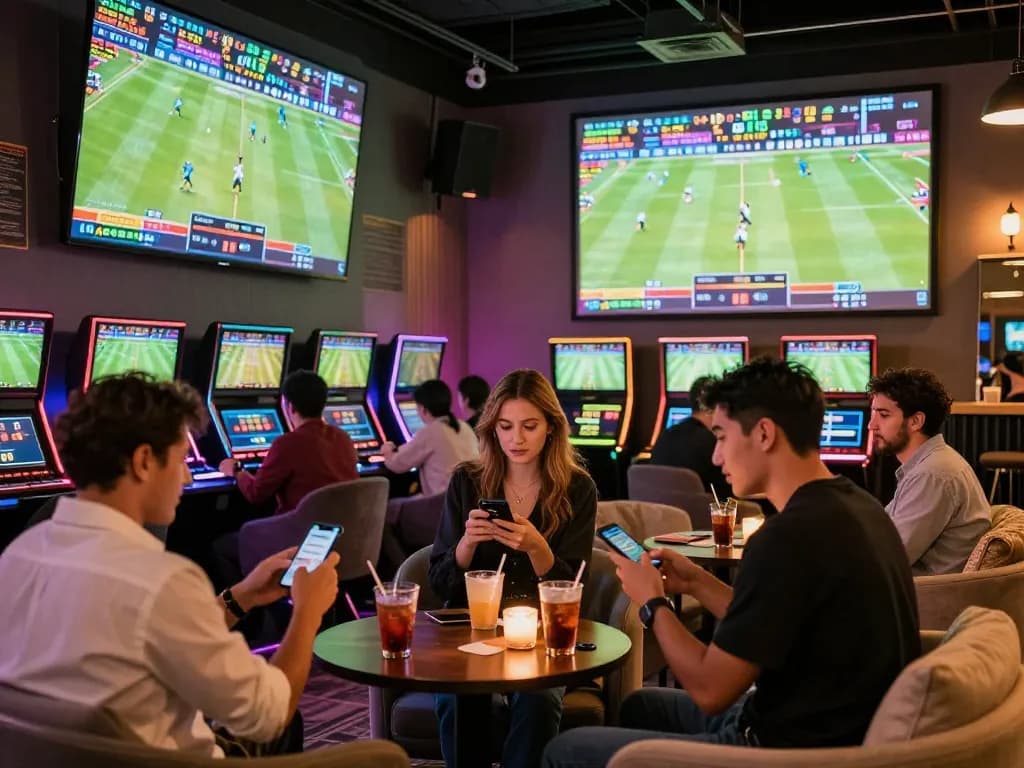 Engaged bettors analyzing odds at a sports lounge, showcasing excitement in LGOGOAL.