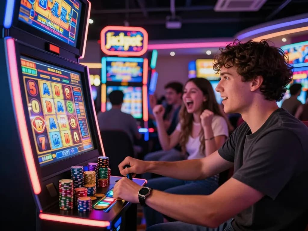 Adegan slot gacor yang menarik menampilkan seorang pemain yang menang di mesin slot kasino yang berwarna-warni dikelilingi oleh teman-teman yang bersorak.