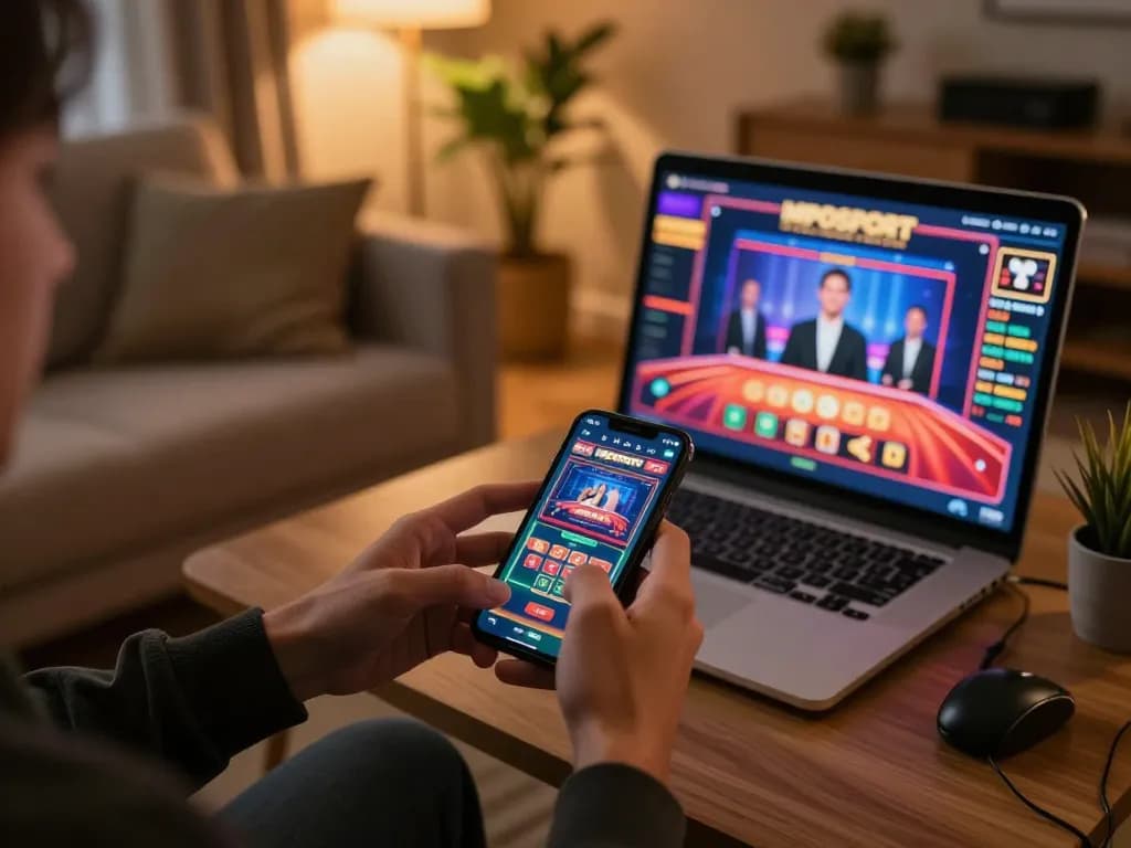 Engaging mobile gaming session at home with MPOSPORT app displayed on smartphone, highlighting strategic gameplay.