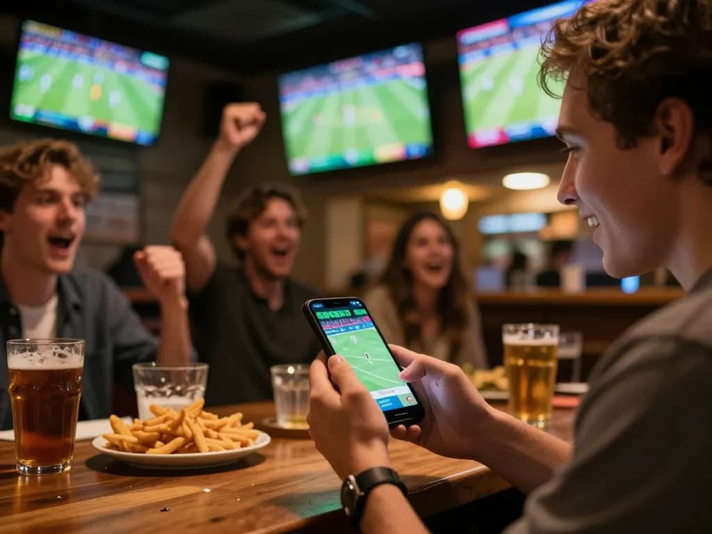Aksi taruhan mobile SBOBET selama acara olahraga yang mendebarkan di atmosfer bar olahraga yang ramai.