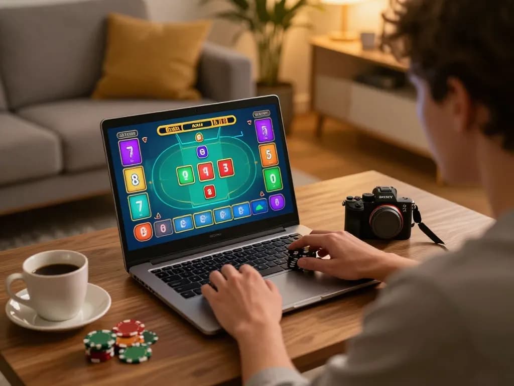 Player enjoying slot 5k gameplay on laptop in cozy home setting.