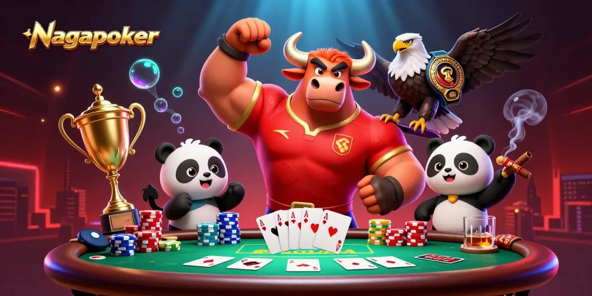 Experience Nagapoker's thrill with friendly characters celebrating poker victories in a vibrant casino scene.