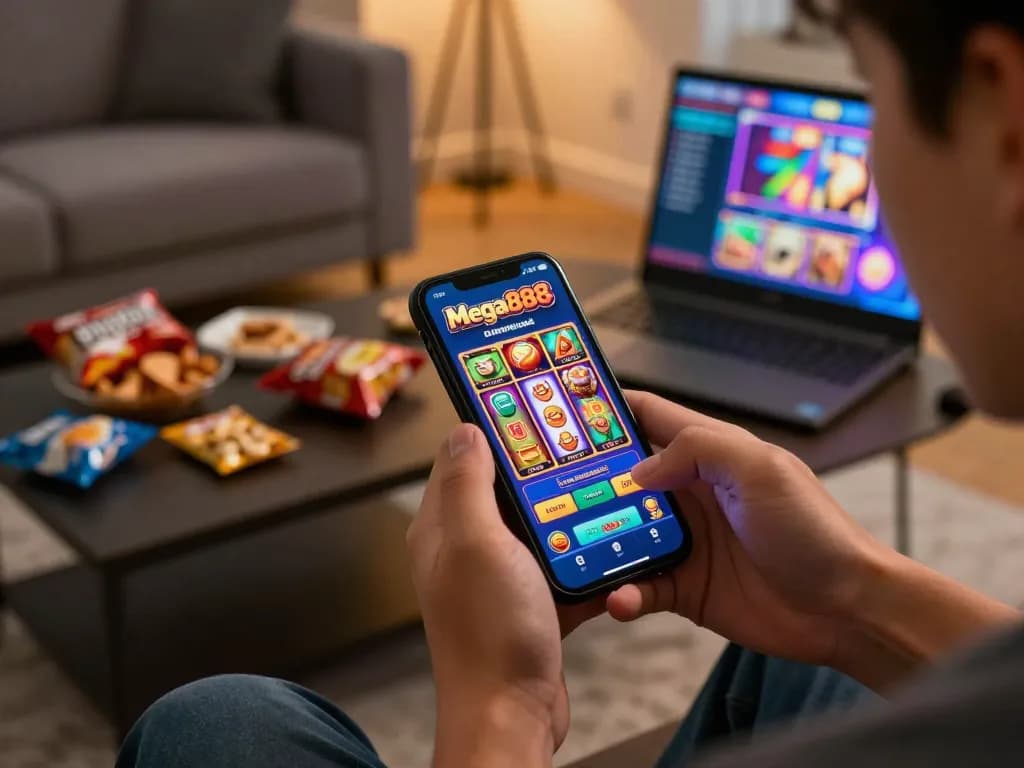 Mega888 Download app showcased on smartphone in a cozy living room, capturing online gambling excitement.