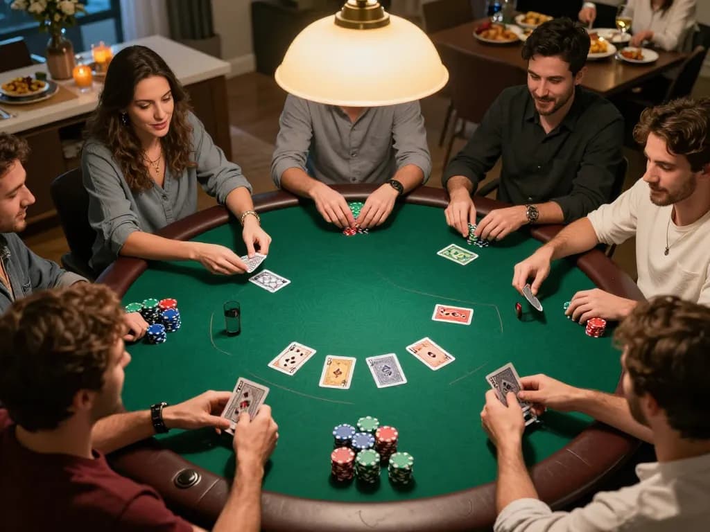 Mega888 poker game night with colorful chips and community cards at round table.
