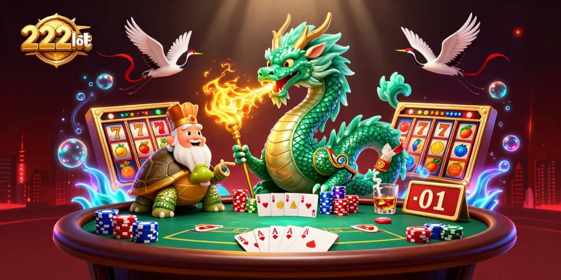 Menggapai kemenangan besar dengan 222slot, menyaksikan naga zamrud, kura-kura bijak, dan burung bangau membawa keberuntungan di meja poker