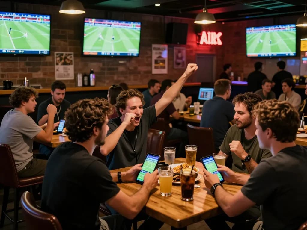 Excited patrons participating in trang cá cược bóng đá at a lively sports bar, engaging with betting apps.