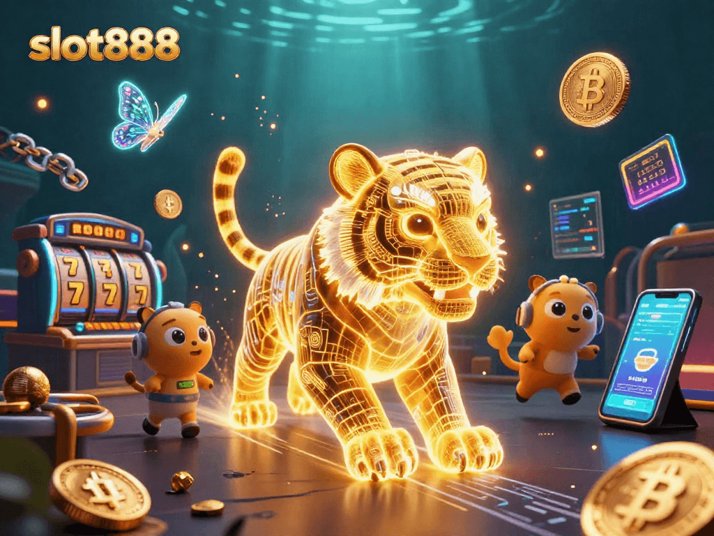 Menggoda pengunjung dengan jackpot slot888 di kasino digital futuristik.