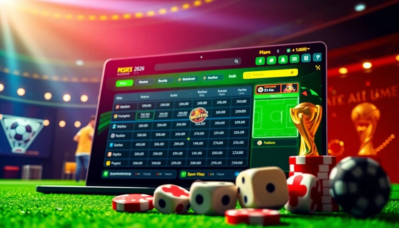 Exciting Judi Bola Online betting experience with sports icons and luxurious casino elements.