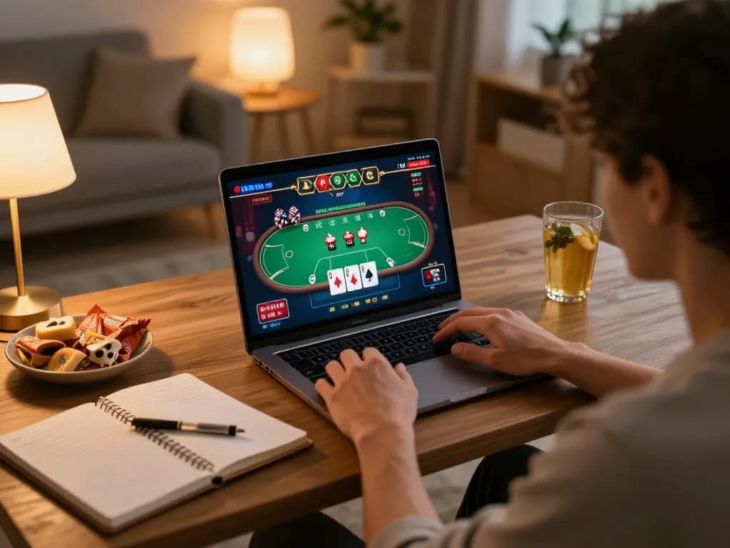 Engage in poker excitement at 888newcasino with a cozy home gaming setup and strategic notes.