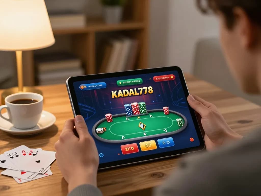 KADAL778 player engaging with exciting online poker game on tablet at home.