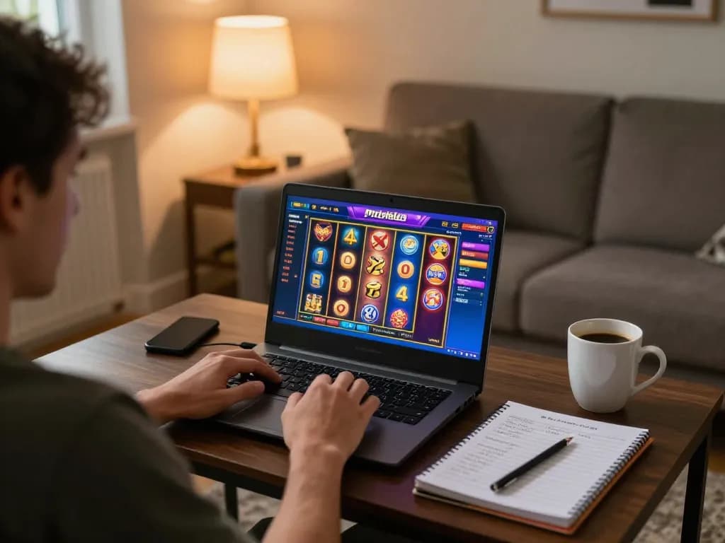 Engaging in Pragmatic Slot gameplay on a laptop in a cozy home setting with strategic notes