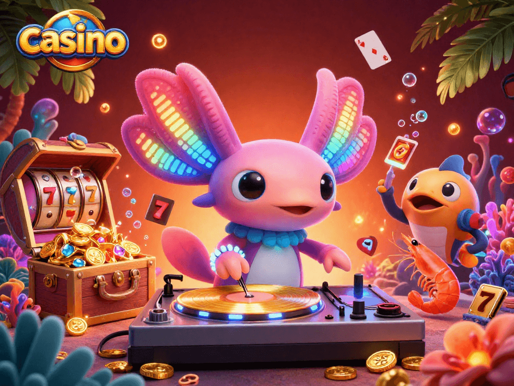Experience the thrill of a casino with vibrant characters celebrating underwater with treasures and energetic ambiance.