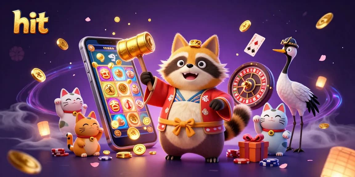 Hit online casino experience with cheerful tanuki, crane, and fortune cats surrounded by exciting game elements.
