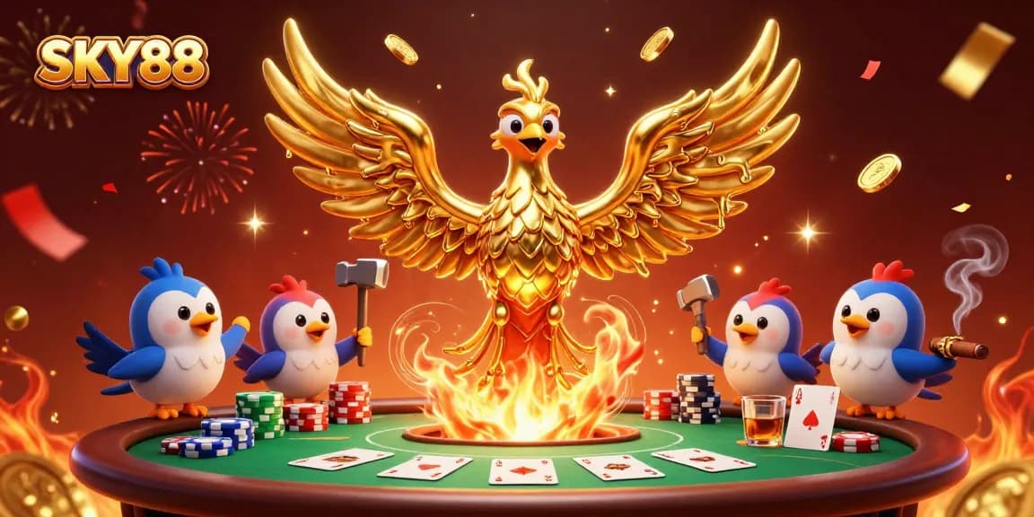 SKY88 invites players to enjoy thrilling poker games surrounded by a golden phoenix and lavish casino elements.