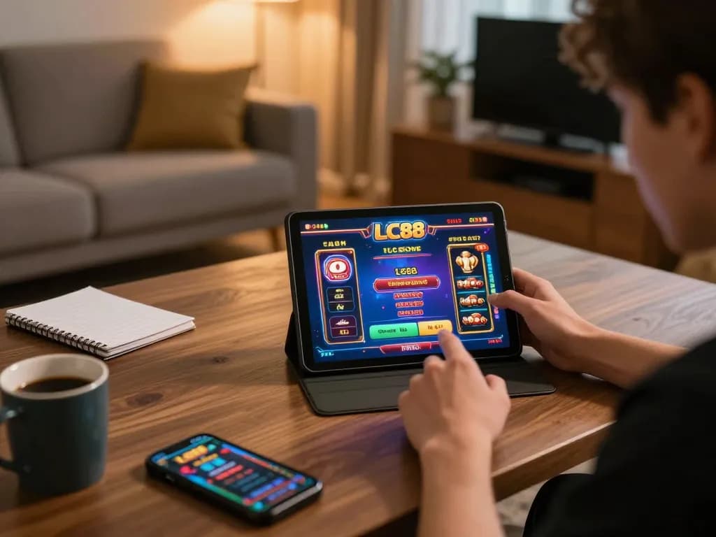 Engaging online gambling with LC88 on a tablet in a cozy living room setting