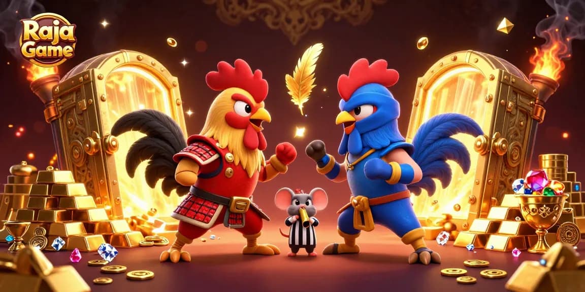 Raja Game roosters in samurai and ninja gear engage in a thrilling showdown amidst sparkling treasures.