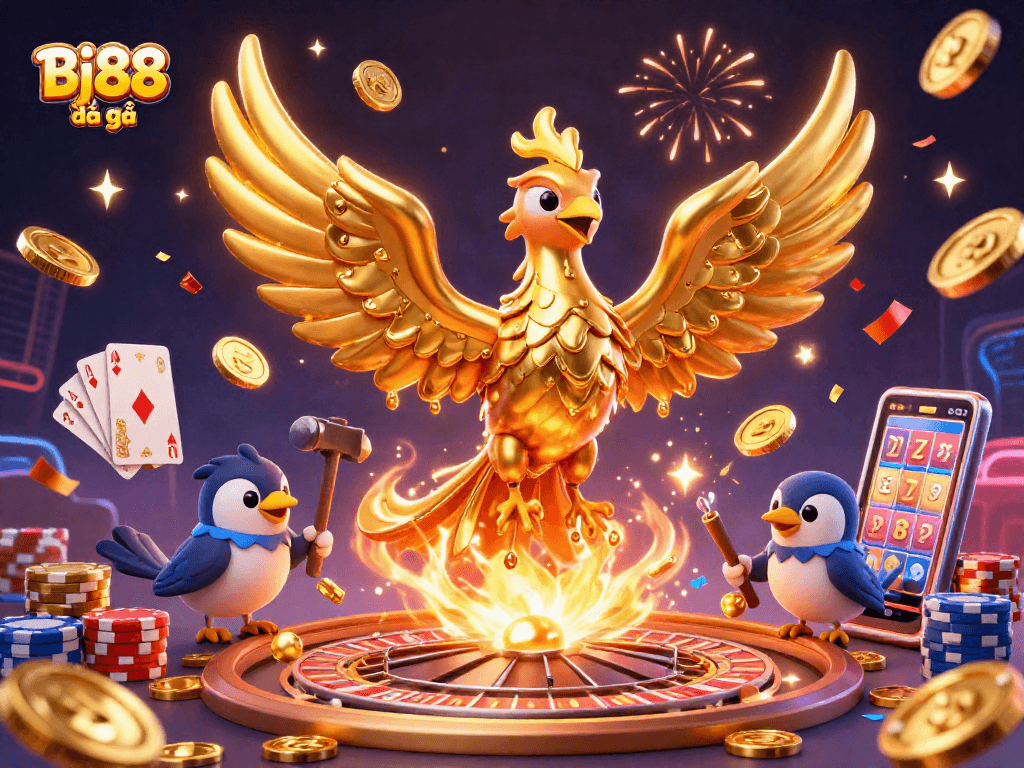 Bj88 đá gà showcases a dynamic scene of a molten golden phoenix and sparrow assistants celebrating with coins and gems.