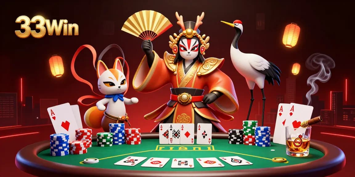 Play exciting poker with 33Win in a vibrant 3D gaming scene filled with energy.