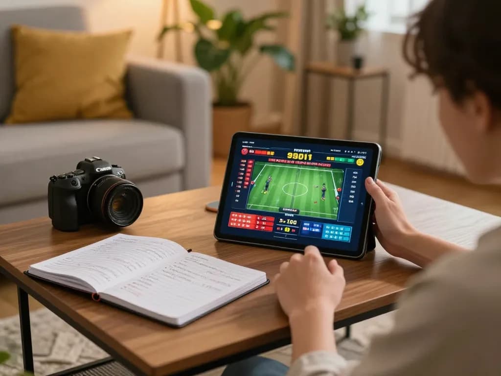 Person using 99ok sports betting app on a tablet while tracking odds in a cozy living room setting