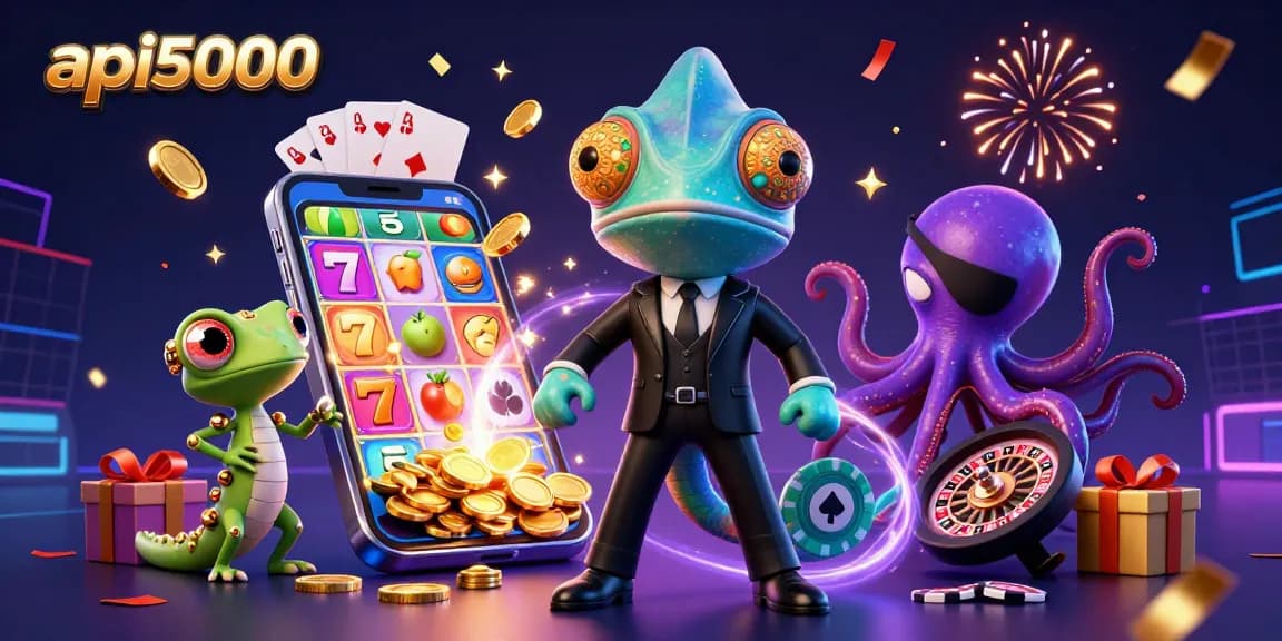Permainan slot api5000 dengan prajurit chameleon dan gecko cerdas, penuh koin emas.