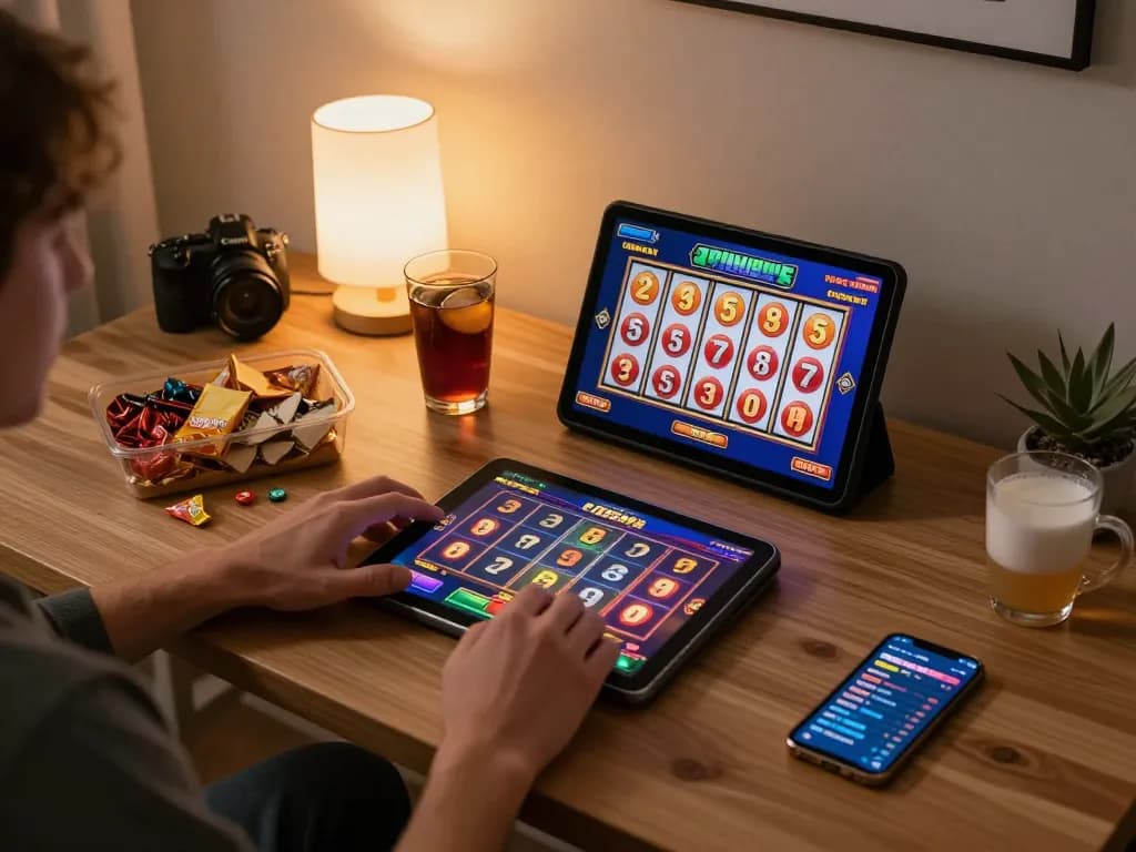 MPOID player engaging with an online slot game while enjoying a cozy atmosphere at home.