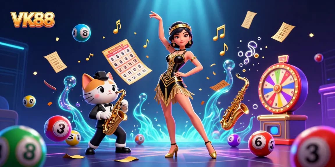 Experience the excitement of VK88 with vibrant slots and lottery themes in a dynamic casino illustration.