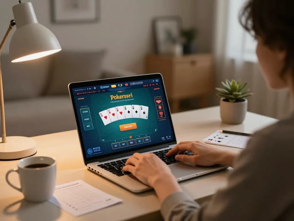 Engaging with Pokerseri poker interface on laptop, relaxed home gaming setup.