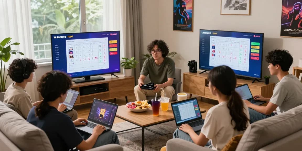 Players enjoying ulartoto togel online in a cozy living room, engaging with live results and each other.