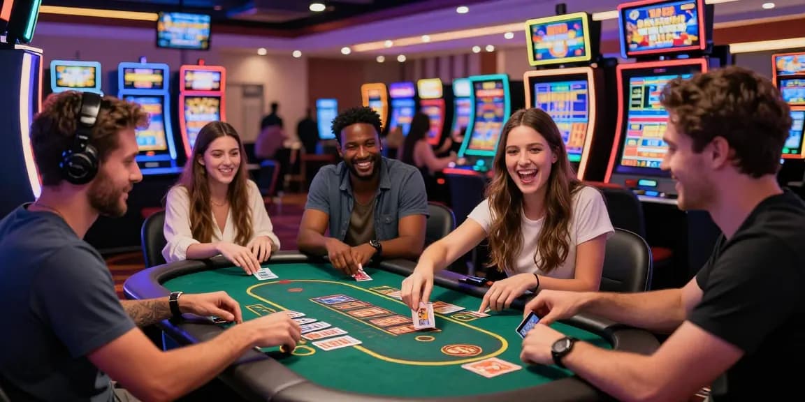 Exciting scene of friends at credit card casinos enjoying games, depositing funds, and engaging in live dealer action.
