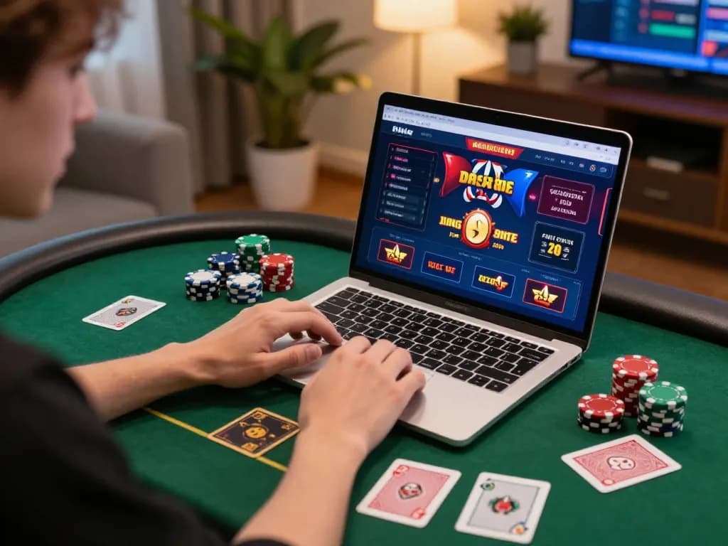 Engaging in online casino gaming with dash88 interface visible on laptop, strategic gameplay atmosphere.
