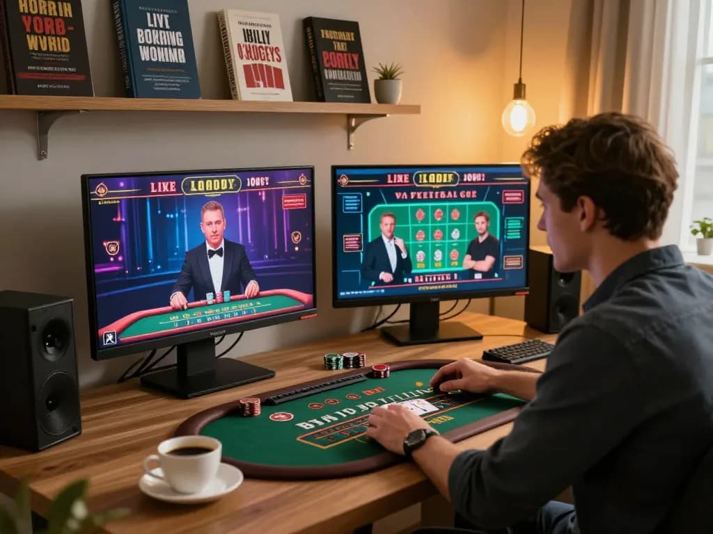 Engaged player enjoying blackjack at home with 78win app on multiple screens.
