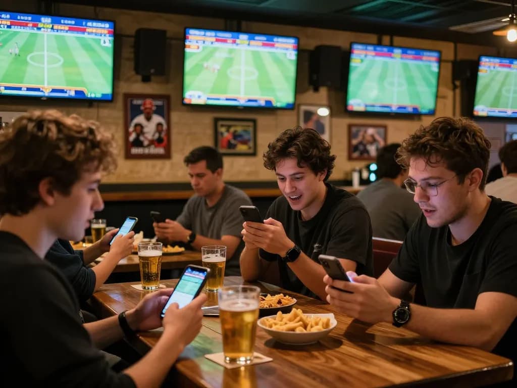 KQBD live sports betting atmosphere with excited patrons analyzing real-time scores