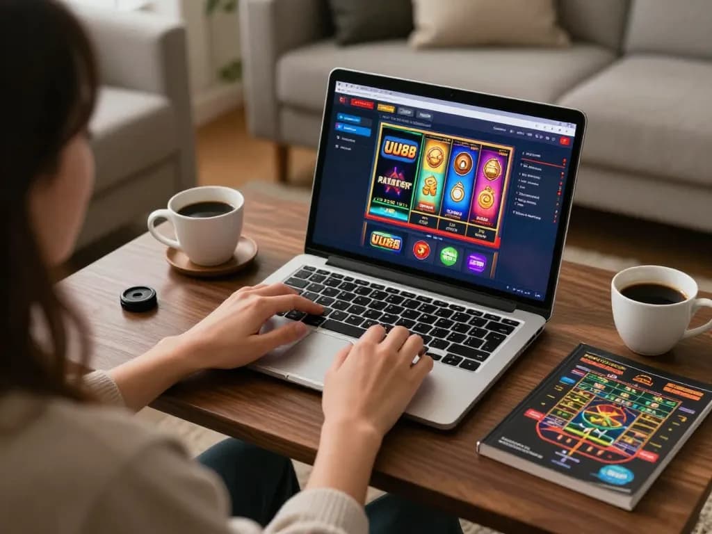Player enjoying UU88 online gambling setup with strategic betting guide and colorful slot game interface.