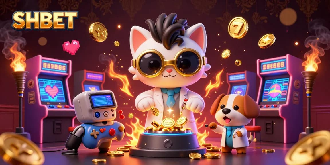 Experience the excitement of SHBET with a captivating 3D casino scene featuring mad scientist characters and vibrant gaming elements.