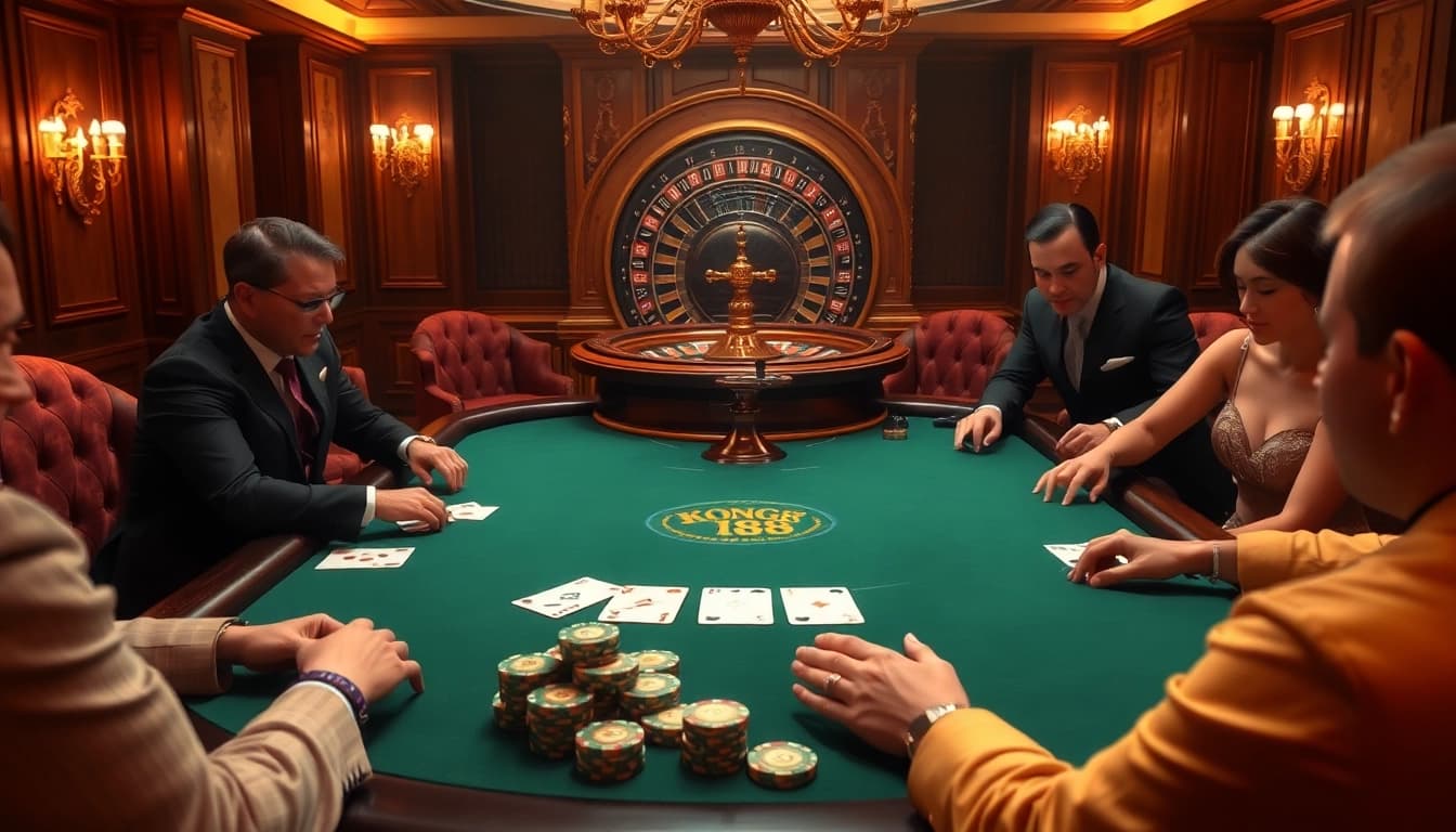 KONG88 offers high-stakes poker excitement with glamorous players and elegant casino decor.