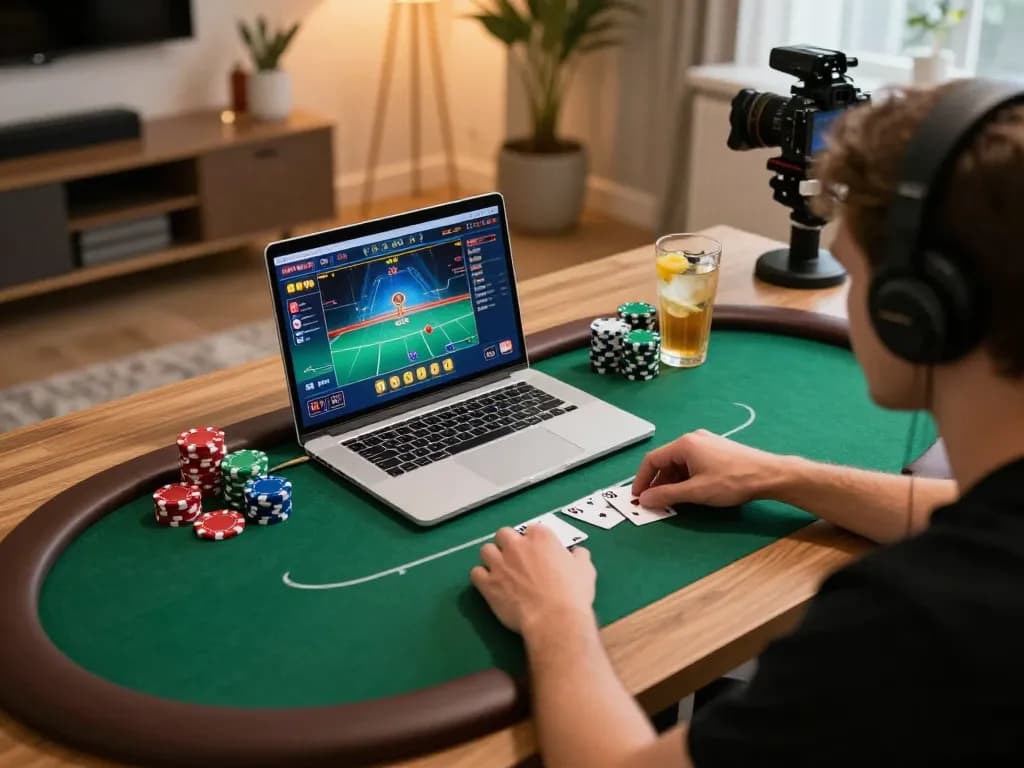 Player engaging in an open 88 online poker game with vibrant chips and laptop setup.