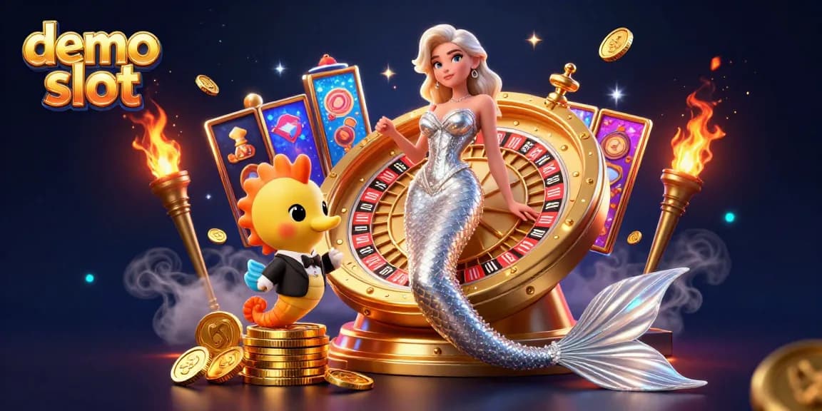 Experience the excitement of demo slots with a captivating illustration of vibrant casino elements and characters.